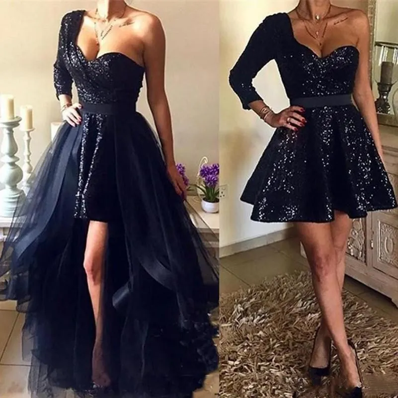 

Spakly Black Sequins Prom Dresses With Detachable Overskirt Hi Lo New 2019 Sexy One Shoulder Long Sleeve African Short Evening G