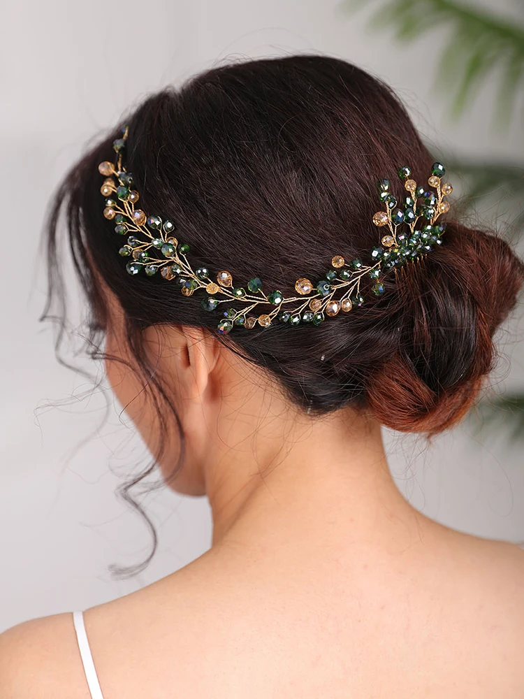 Bridal Headwear tiaras Wedding Bohemian Hair comb Green Headpiece Handmade Bride to be head jewelry Crystal Headbands for women