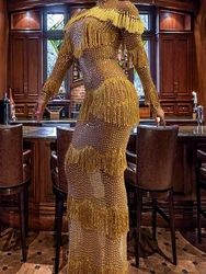 RealFlashing Sequins Gold  Fringe Tassel African Long Dress Birthday Celebrate Anniversary Dinner Banquet Host Prom Dancer Dress