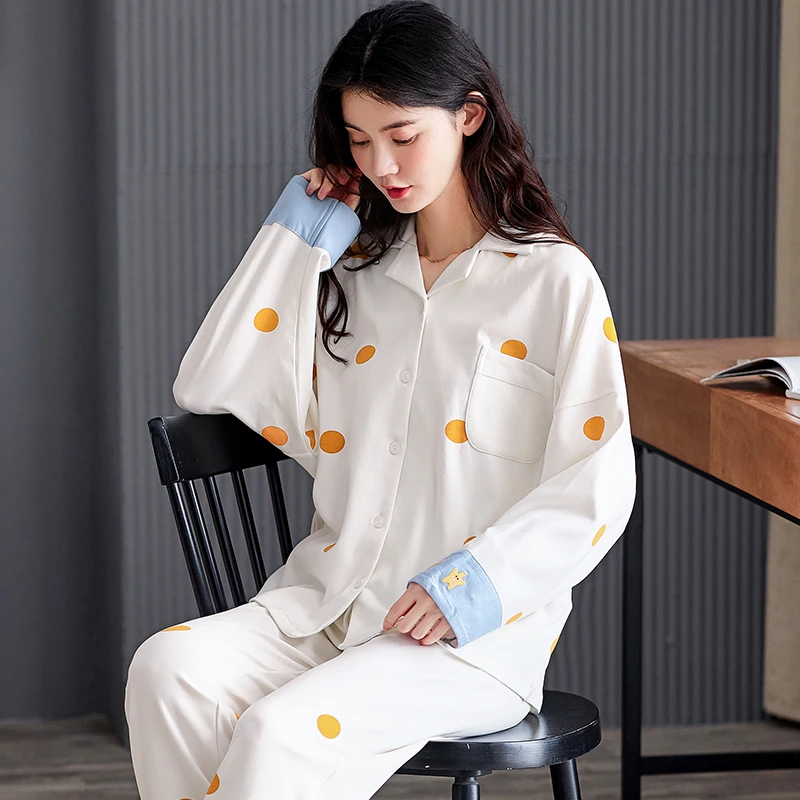 

Plus Size 3XL Women Sleepwear Cotton Spring Nighty Pajama Set Lapel Loose Version Intensification Pyjamas Fall Nightgown