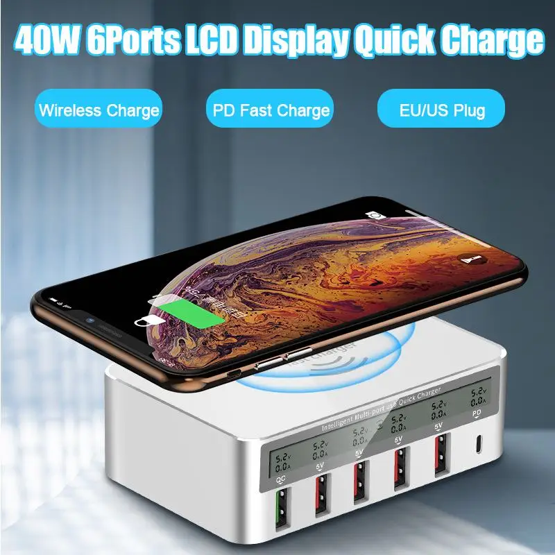 40 Вт Беспроводная Быстрая зарядка 6 многопортовое быстрое зарядное устройство usb-хаб настольный адаптер для мобильного телефона с ЖК-дисплеем Беспроводная Быстрая зарядка