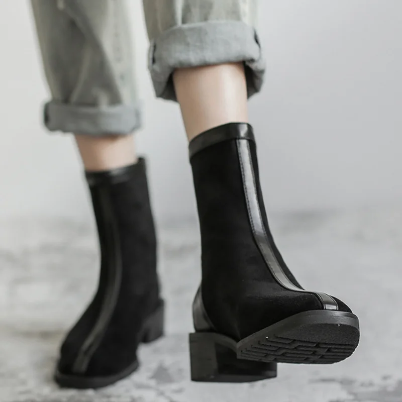 

Ботинки, новинка 2021, ботинки на толстом каблуке с квадратным носком, британские короткие ботинки, осенне-зимние одноботинки, универсальные красные сетчатые короткие ботинки на молнии