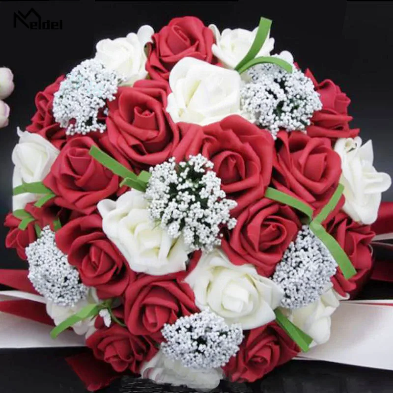 Burgundy Meldel Artificial Roses Pink Wedding Flower Bridal Bouquet Fake Flower Wedding Bouquet Bridal Bouquets Holder Mariage Home Decor - Цвет: Burgundy