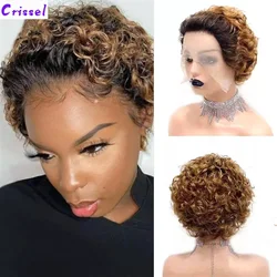 13X1 Lace Wigs Brazilian Remy Hair Ombre Blonde Pixie Cut Wig Short Curly Human Hair Wigs for Women Jerry Curl Bob Hairline