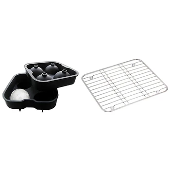 

2 Set Accessories: 1 Set 2 Molds Plastic Ball Shaped Ice Trays Ice with 4 Compartments & 1 Set Sink Drainer Rack Multifunctional
