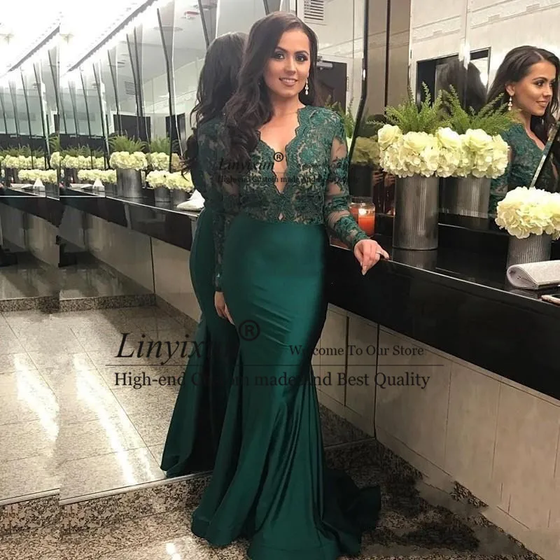 

2020 Dark Green Illusion Long Sleeves Evening Dresses With Deep V Neck Lace Mermaid Prom Dress Long Evening Party Gowns