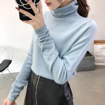 

turtleneck knitted women sweaters solid loose all match fashion lady elegant buttoming pulls thin knitted tops