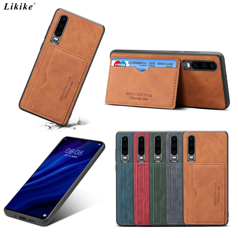 

Card Holder Stand Phone Case for Huawei P20 P30 Pro Lite Luxury Leather Back Silicone Frame Cover Business Style Fashion