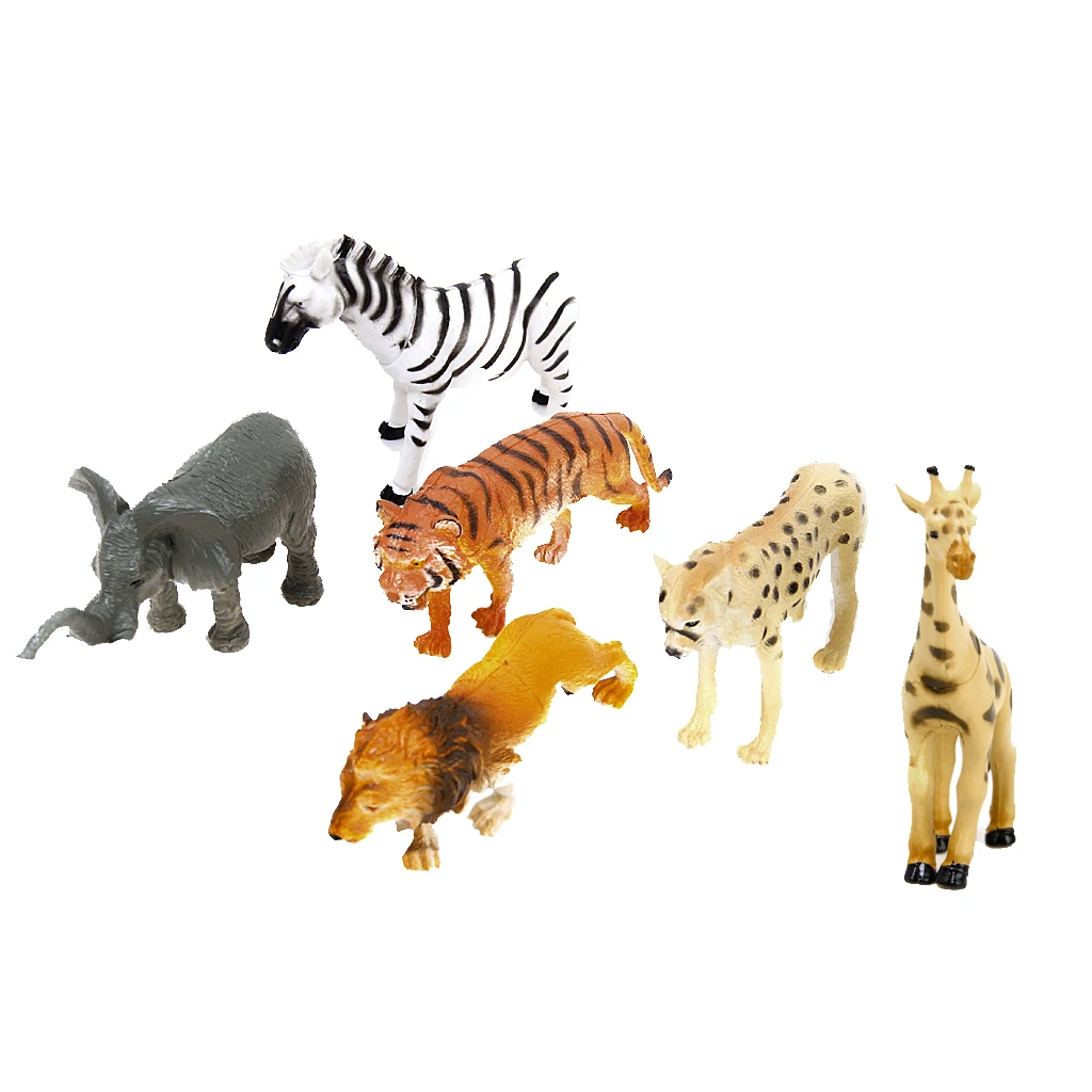 6 Plastic Wild Animal Figures Toy Tiger Leopard Lion Giraffe Zebra Elephant Toys