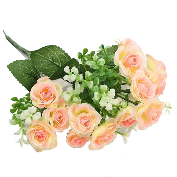 Искусственные розы 15 Цветок голова лист Свадебные Украшения Сада DIY - Color: Pink