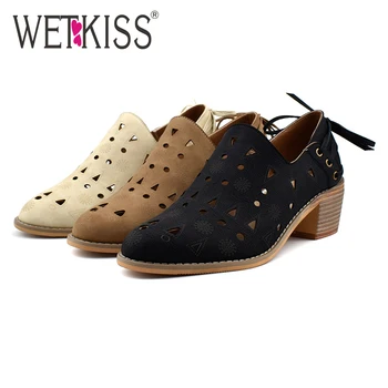 

Wetkiss New Fashion Bowtie Pumps Wood Hoof Heels Women Cross Lace Up Chunky High Heels Hollow out Shoes Women