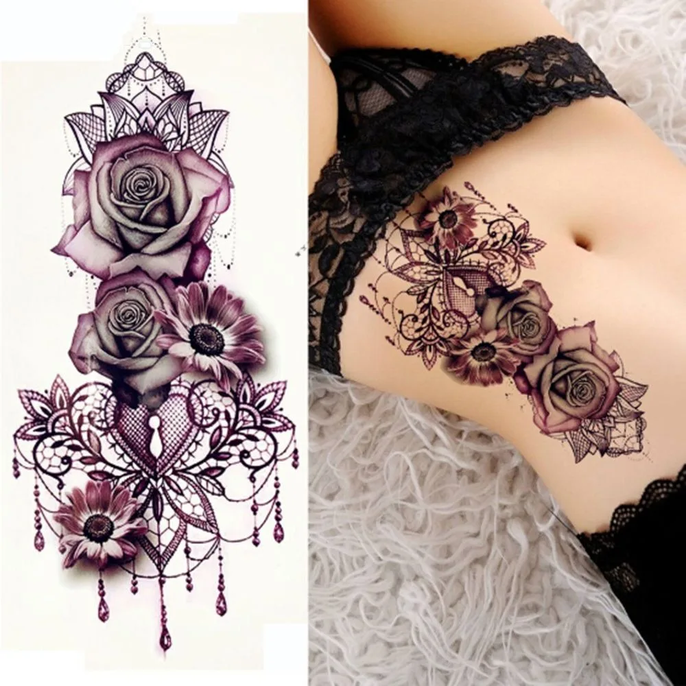 

5PCS Purple Rose Jewelry Water Transfer Tattoo Stickers Women Body Chest Art Temporary Tattoo Lady Waist Bracelet Flash Tattoos