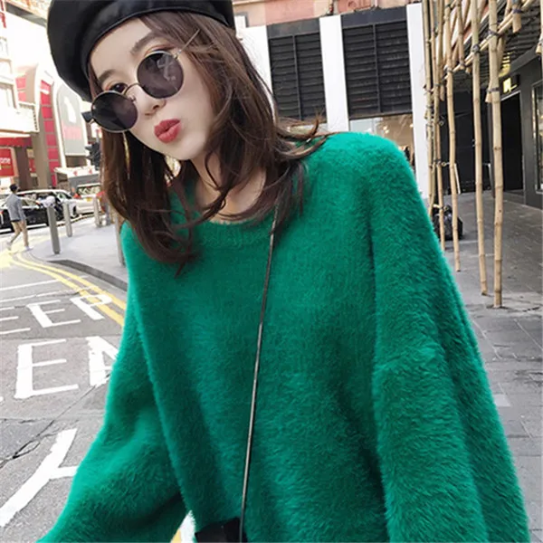 RUGOD свитер в Корейском стиле для женщин кашемировый свитер с круглым вырезом Mujer пуловеры свободные милые Gril Pull Femme Hiver - Цвет: Зеленый