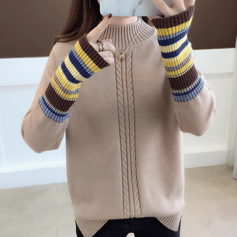 

2019 Nieuwe Winter Trui Vrouwelijke Half Hoge Kraag Slim Patchwork Lange mouwen Trui Verdikking Twist Dieptepunt Jumper Tops