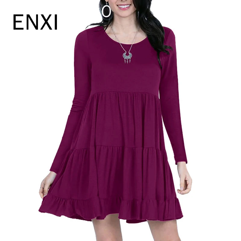

ENXI Solid Color Maternity Dresses Long Sleeves Pregnancy Dress Ruffles Fashion Vestido O-neck Pregnant Dress Elegant