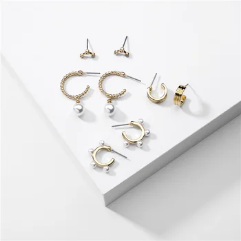 

4PCS/Set Pearl bead jewelled Earring Gold Geometric C Shape Earclip Ladies Ear Fashion Brand Women Jewelry Earrings