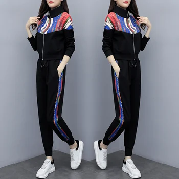 

Large size 2 Piece Sets Women's casual Tracksuits Set Stitching color Plus Size Sweatsuit jacket and Pants Two Piece Sportsuits