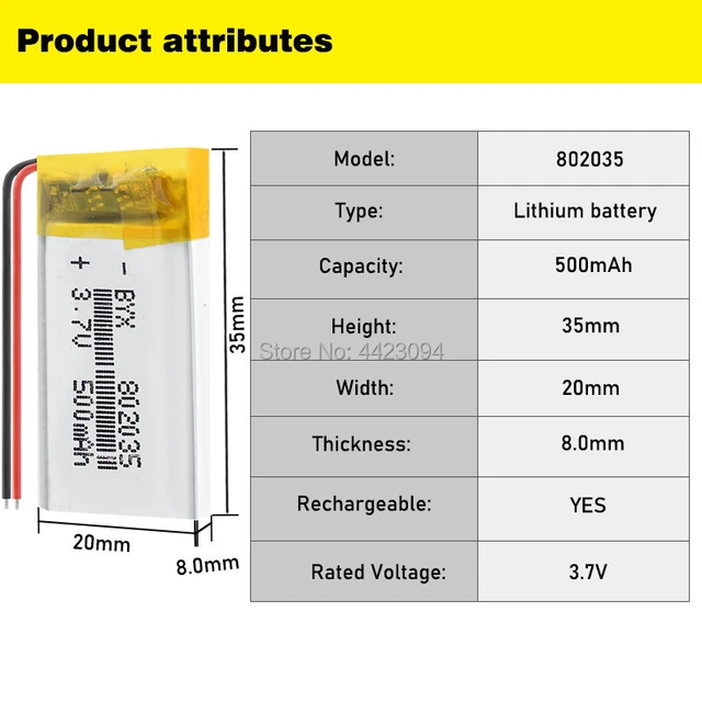 Lithium Polymer Battery-802035 500mAh 3.7V-Lithium Battery