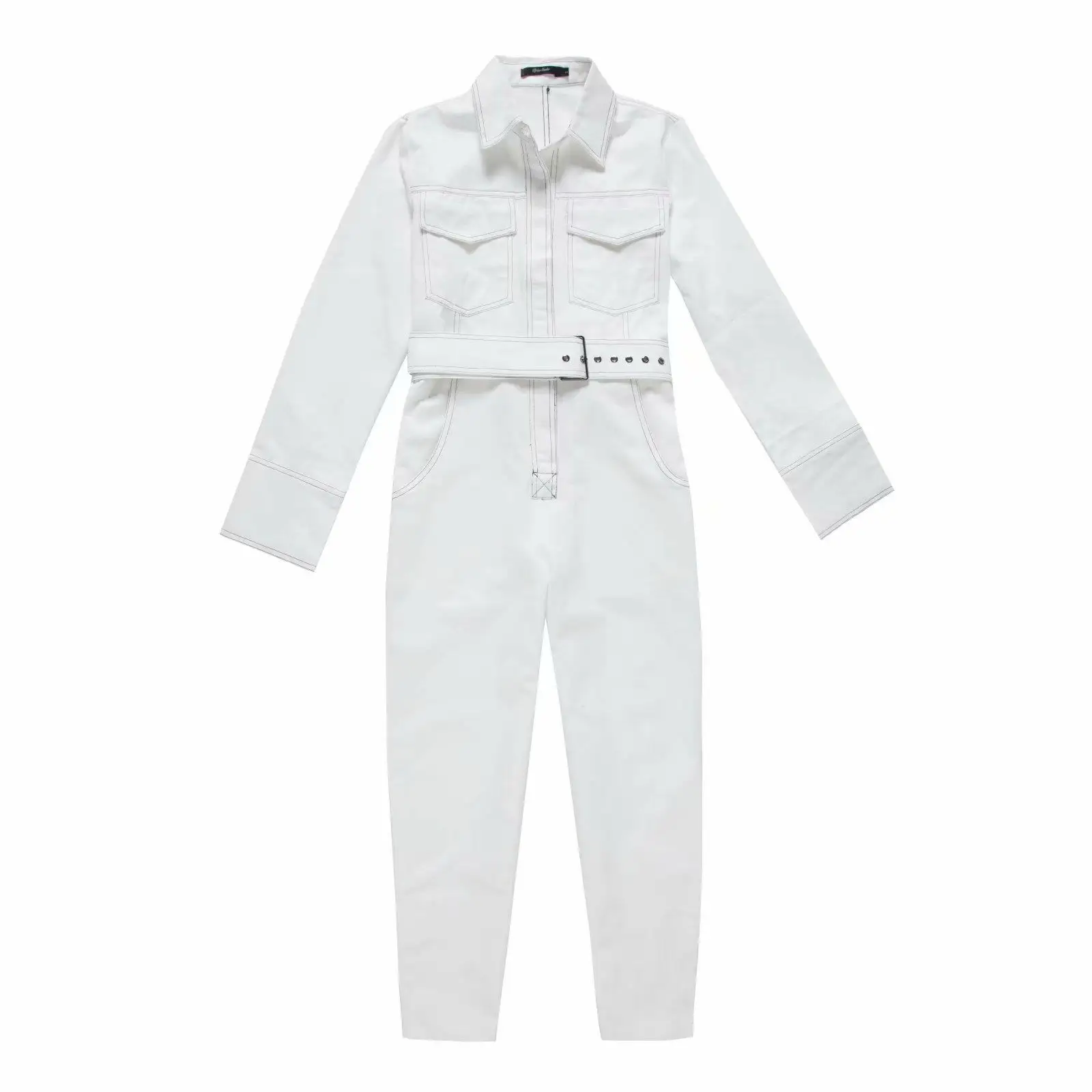 White Fall Women Casual Long Sleeve Cargo Jumpsuit Streetwear Long Sleeve Sashes Rompers Ladies Solid Pockets Overalls - Color: White