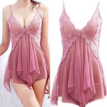 

2020ZXP Women See through Lace Babydoll Halter Backless Lingerie G-string Dress Set Pink sexy underwear women Chemises