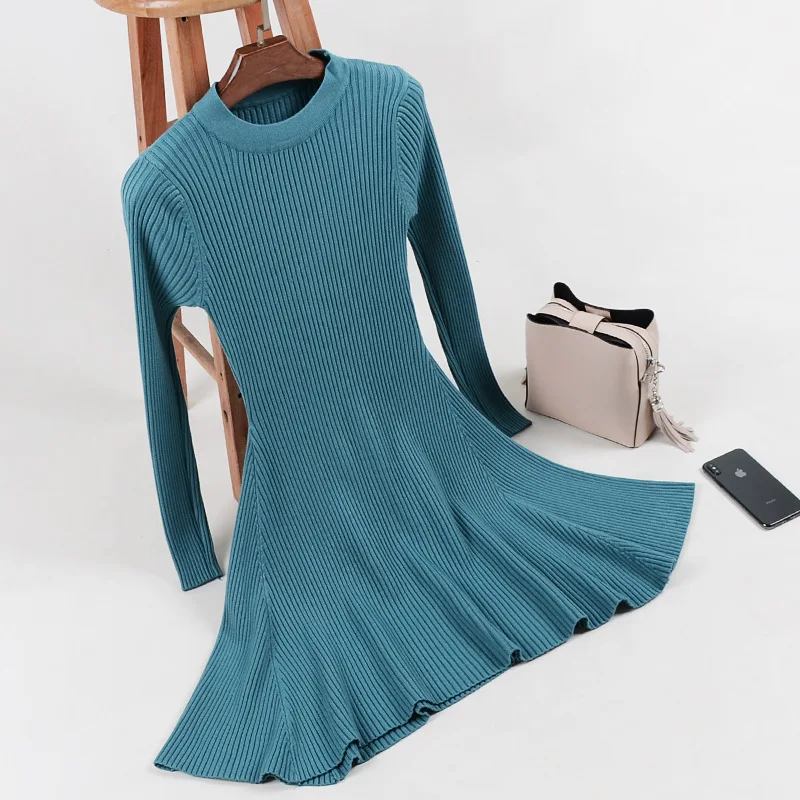 Платье-свитер с длинным рукавом, женское платье с неровным подолом, повседневное осенне-зимнее платье, женское платье трапециевидной формы с круглым вырезом, мини минималистичные вязаные платья - Цвет: Синий