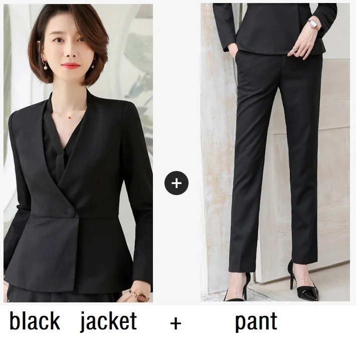 black jacket pants Женские костюмы, приталенный весенний пиджак с длинным рукавом и штаны, комплект из 2 предметов, деловой женский брючный костюм, женский комплект, костюмы 6969 - Color: black jacket pants