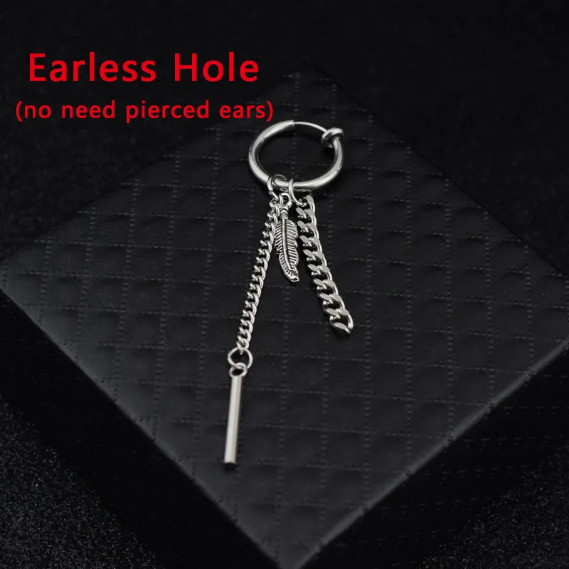Ear Clip Idol KPOP, корейские серьги-гвоздики для мальчиков из нержавеющей стали, длинная цепочка с перьями для мужчин и женщин, рок-гранж, хипстер, панк, унисекс, клипса для ушей - Окраска металла: Ear Clip