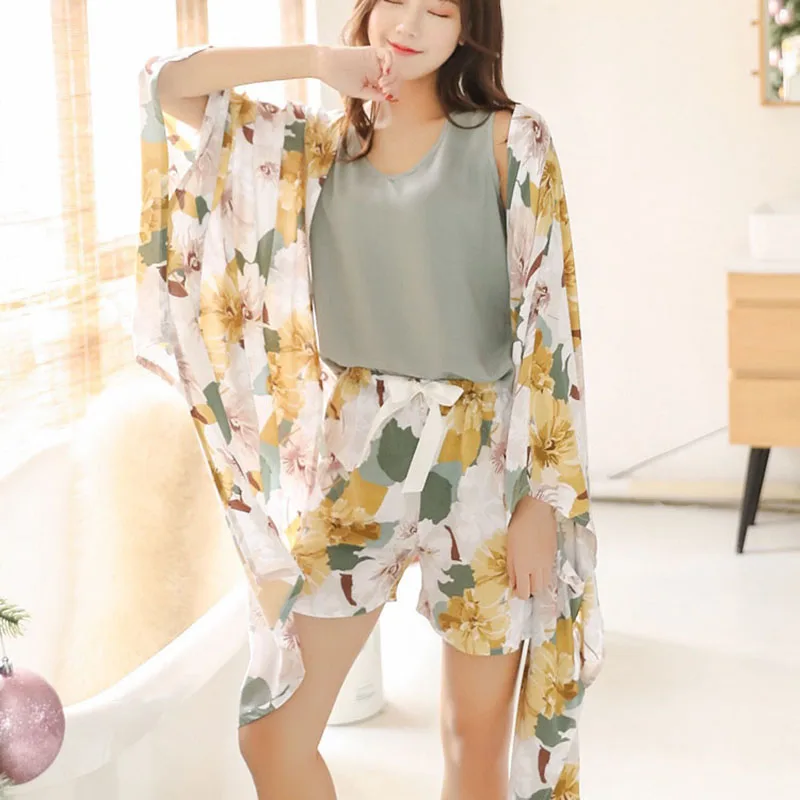 

4 Pieces/Set Women Pajamas Spring Autumn Soft Sleepwear Flower Print Short Long Pants Home Clothes Fashion Nightclothes 44-70KG
