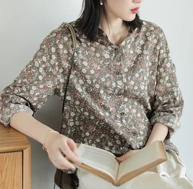 

2019 Autumn Stand Collar Floral Print Cotton T-shirt for Women Loose Buttons Long Sleeve Casual Irregular Shirt Tops Female Coat