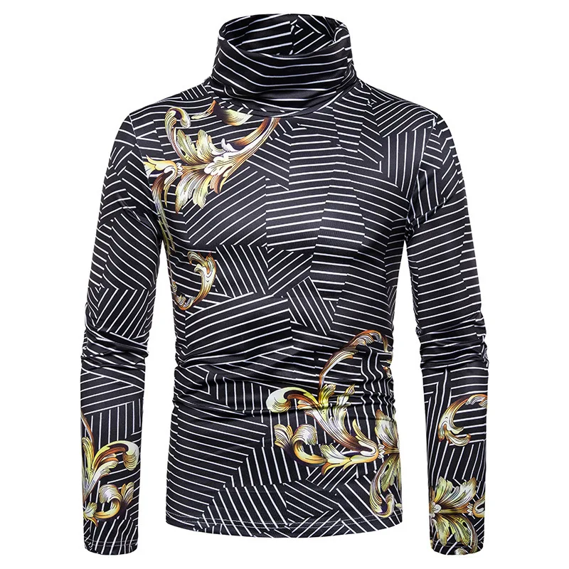 Новинка осени, мужская полосатая футболка большого размера с большим рисунком, с высоким воротником, с длинным рукавом, мужская рубашка на подкладке J771