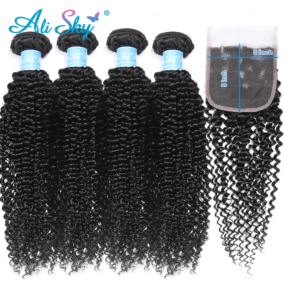 Alisky волосы малазийские афро кудрявые вьющиеся волосы 4 пряди с 5x5 Топ Кружева Закрытие бесплатно/средний/три части Remy натуральный черный