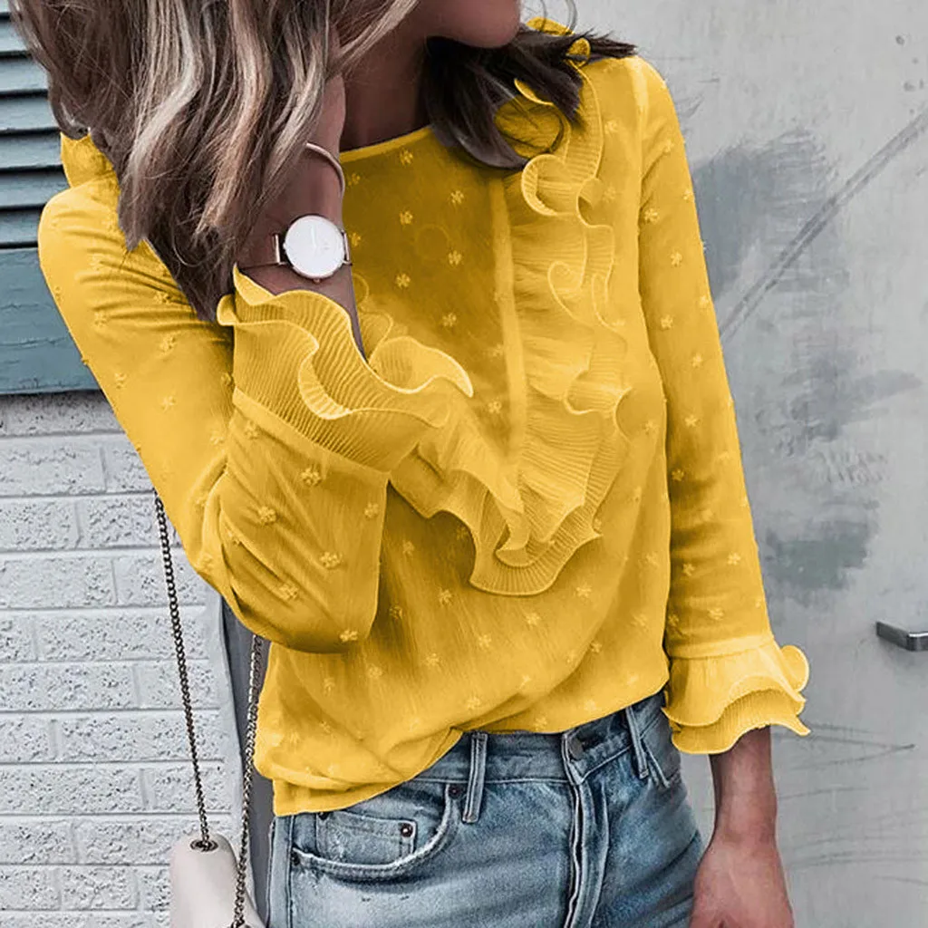 Fashion Womens Tops and Blouses Elegant Long Sleeve White Shirt Ladies Polka Dot Ruffles femme blusa feminina Streetwear |