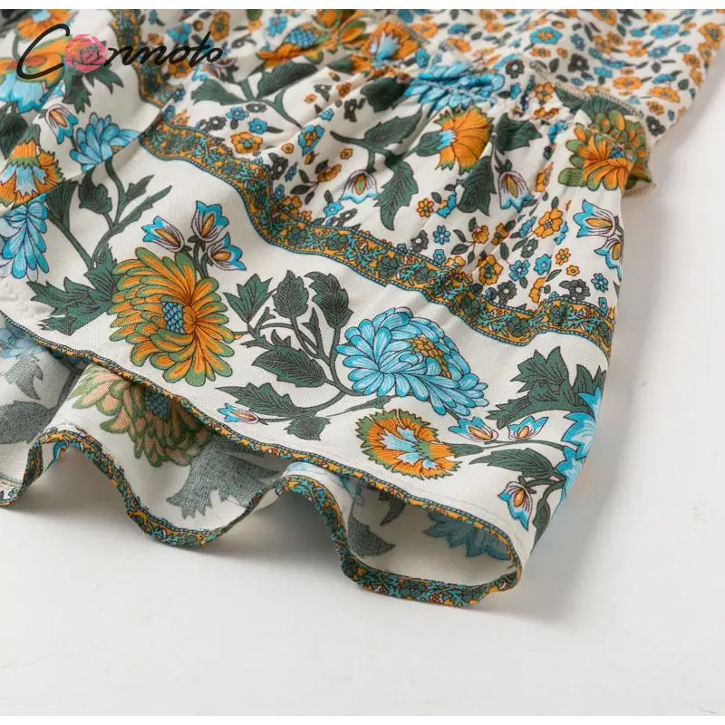 Conmoto пляжные Летние повседневные Цветочные женские юбки boho с оборками и принтом, юбка с высокой талией, Женская Асимметричная винтажная юбка
