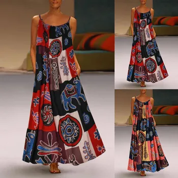 

Women Summer Long Dress Vintage Print Sleeveless O-neck Straps Loose Party Maxi Dress Casual Ladies Beach Dresses Vestidos