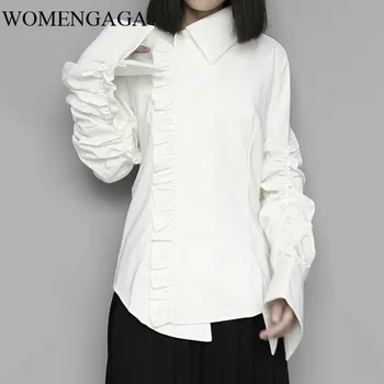 

Loose Women White Asymmetrical Pleated Temperament Blouse Lapel Long Sleeve Loose Fit Shirt Fashion Spring Autumn 2020 XHCY
