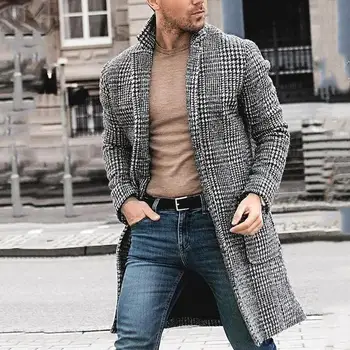 

Trendy Autumn Winter Coat Blends Men Overcoat Casual Solid coat long plaid Male young woolen coat Blends Men's Clothing