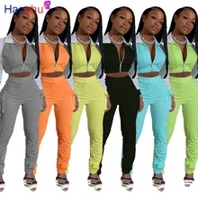 

HAOOHU Sexy Reflective Two Piece Set Jumpsuit Long Sleeve Zip Crop Top+Pocket Stacked Leggings Fall Clothes for Women Tracksuit