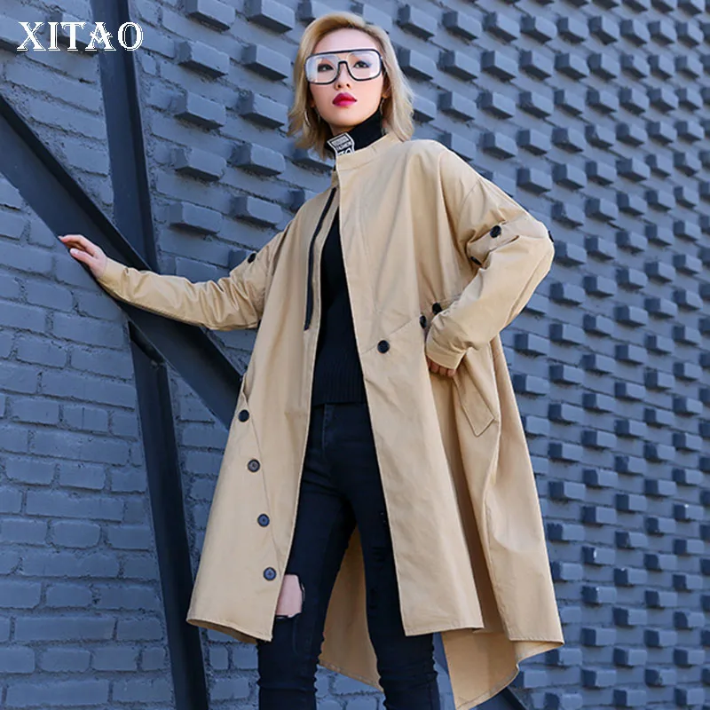 

XITAO Irregular Split Trench Women Plus Size Fashion New 2019 Autumn Pocket Elegant Patchwork Ladies Style Long Coat WQR1708