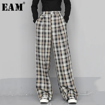 

[EAM] High Waist Yellow Blue Plaid Split Long Wide Leg Trousers New Loose Fit Pants Women Fashion Tide Spring Autumn 2020 1W683