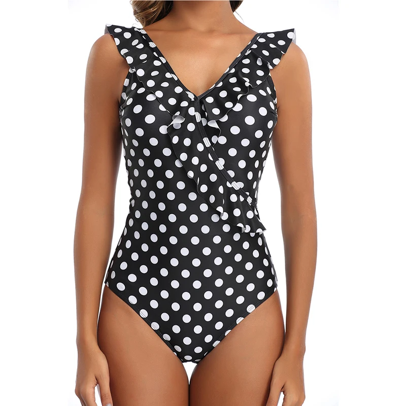 Sexy Women's One-piece Swimsuit Retro Swimsuit V-neck Swimwear Ruffle Printed Swimsuit Slimming High Waist Swimsuit 2020 Summer