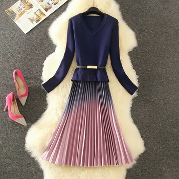 

Fashion Gradient Slim Long Sweater Women Knitted V-neck Mid-Calf Ruched Pullovers Sweater Dress High Street Spring Autumn Winter