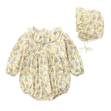 Flower Printed Baby Bodysuits for Spring and AutumnLong Sleeve Cotton Girls Romper with Hat
