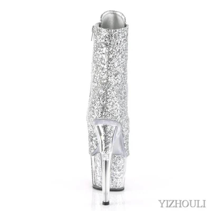 Party pole dancing 15cm ankle boots, sequined vamp material 6in road toe, sexy model, dancing shoes
