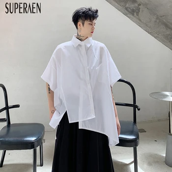 

SuperAen 2020 New Summer Asymmetric Shirts Women Solid Color Wild Cotton Ladies Blouses and Tops Short-sleeved Women Clothing