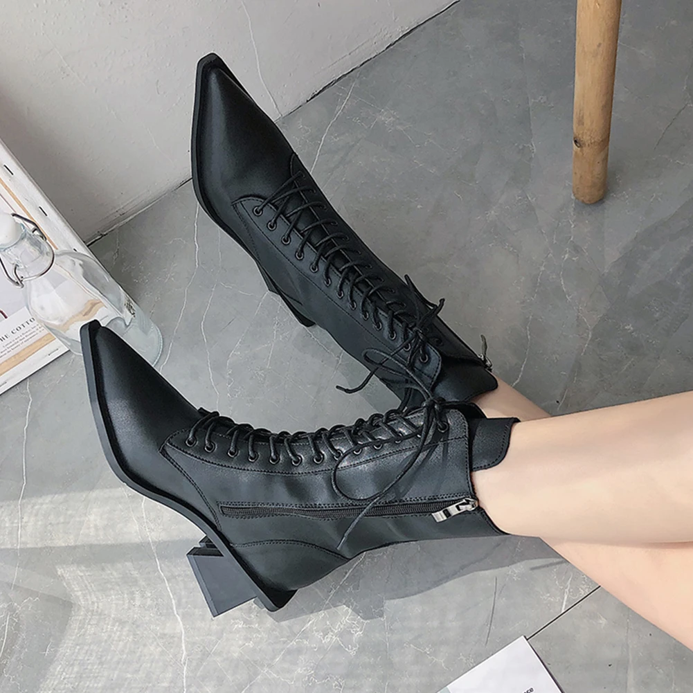 

SARAIRIS 2020 Shoelace Pointed Toe Cool Fashion Ankle Boots Women Shoes Woman Square Heels Boots Female