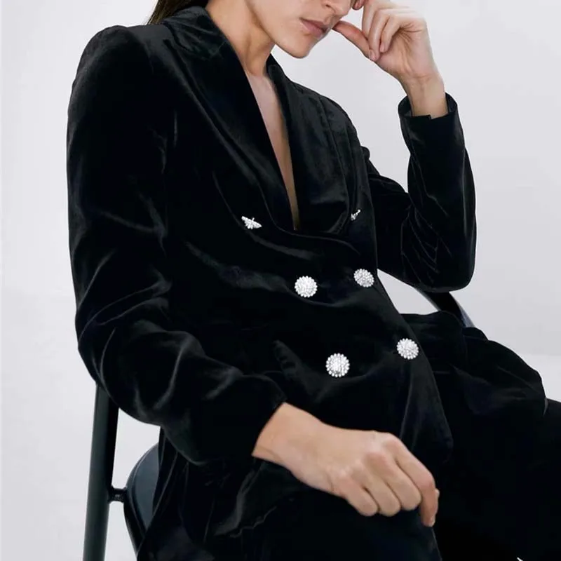 High Quality 2020 New Velvet Women Blazer Black Elegant Double breasted Lady Blazers Suits Long Sleeve Loose Jacket YNZZU 9O166