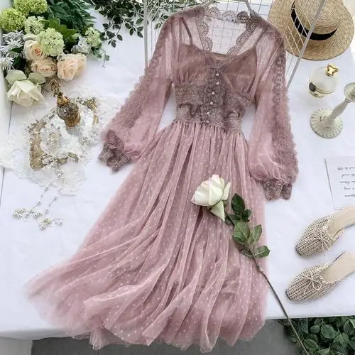 pink Neploe, Осеннее, весеннее, Сетчатое, шикарное, длинное, темпераментное платье для женщин, пэчворк, кружево, высокая талия, пышное, длинный рукав, Vestido, линия, Ropa 47300 - Цвет: pink