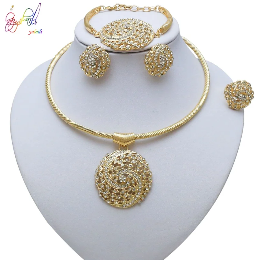 Yulaili Jewelry Sets For Women Evening Party Rhinestone Crystal Hollow Out Necklace Earring Bracelet Ring Jewelry Accessories