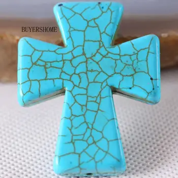 

5Pcs Cross Necklace Pendant 50X40MM Natural Stone Blue Howlite Beads Fashion Jewelry Gift For Men Women K035