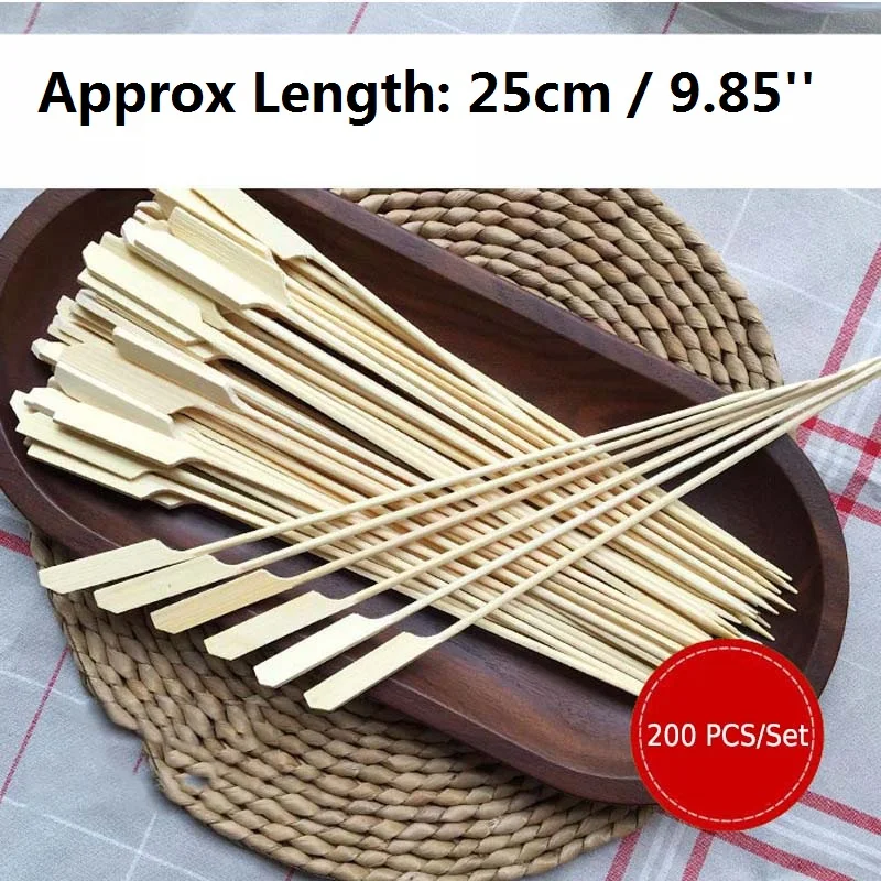 200-400pcs BBQ Grill Kebab Barbeque Fruit Bamboo Skewers Cocktails Picks Paddle Sticks Party Bar Restaurant Supplies 25cm x 3m